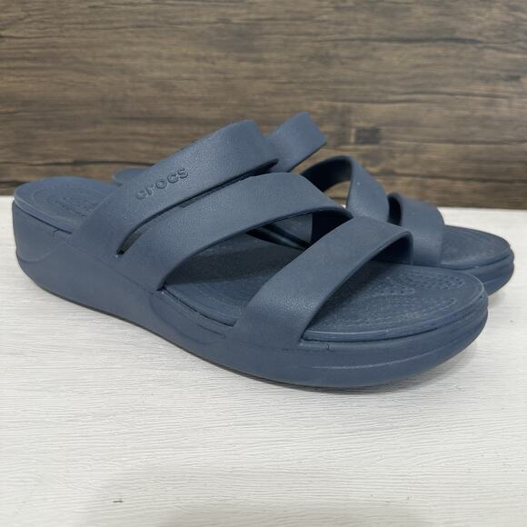 Crocs Sandals Womens Size 11 Monterey Blue Slides Strappy Wedge Comfort - Picture 1 of 14